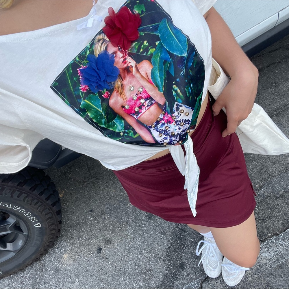 White Graphic Tie-Front Top with Burgundy Skirt